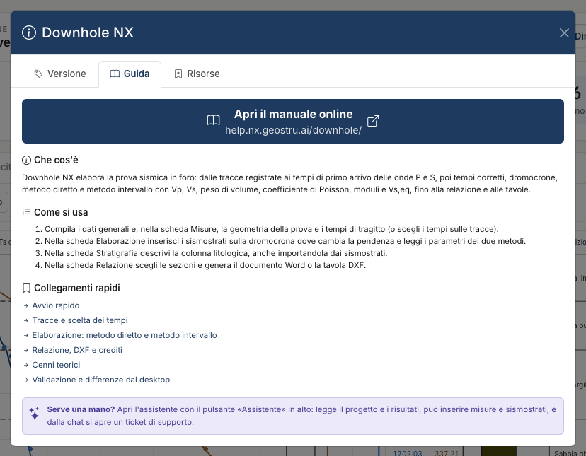 Downhole NX help, Guide tab: button to open the online manual, what the app is, how to use it and quick links to the manual pages