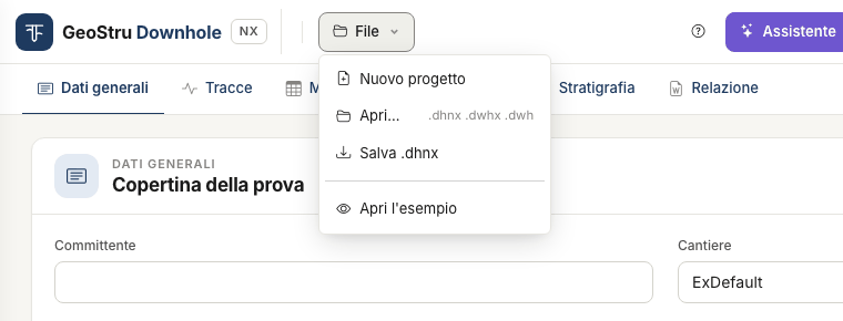 Menu File aperto: Nuovo progetto, Apri con le estensioni .dhnx .dwhx .dwh, Salva .dhnx e Apri l'esempio