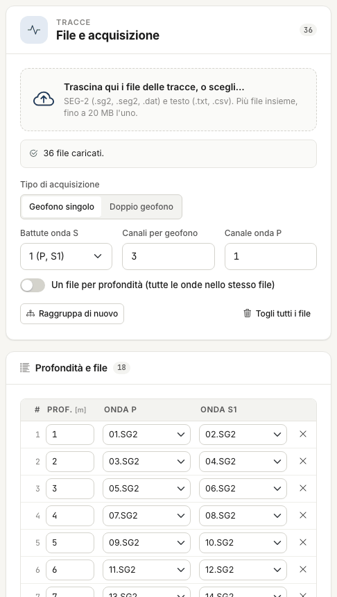 Card File e acquisizione e card Profondità e file dopo il caricamento di 36 file SEG-2: diciotto righe con la battuta P e la battuta S1