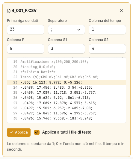 Pannello Opzioni di lettura del testo per un file CSV: prima riga dei dati 23, separatore punto e virgola, colonne di tempo, P, S1 e S2, anteprima con la riga evidenziata