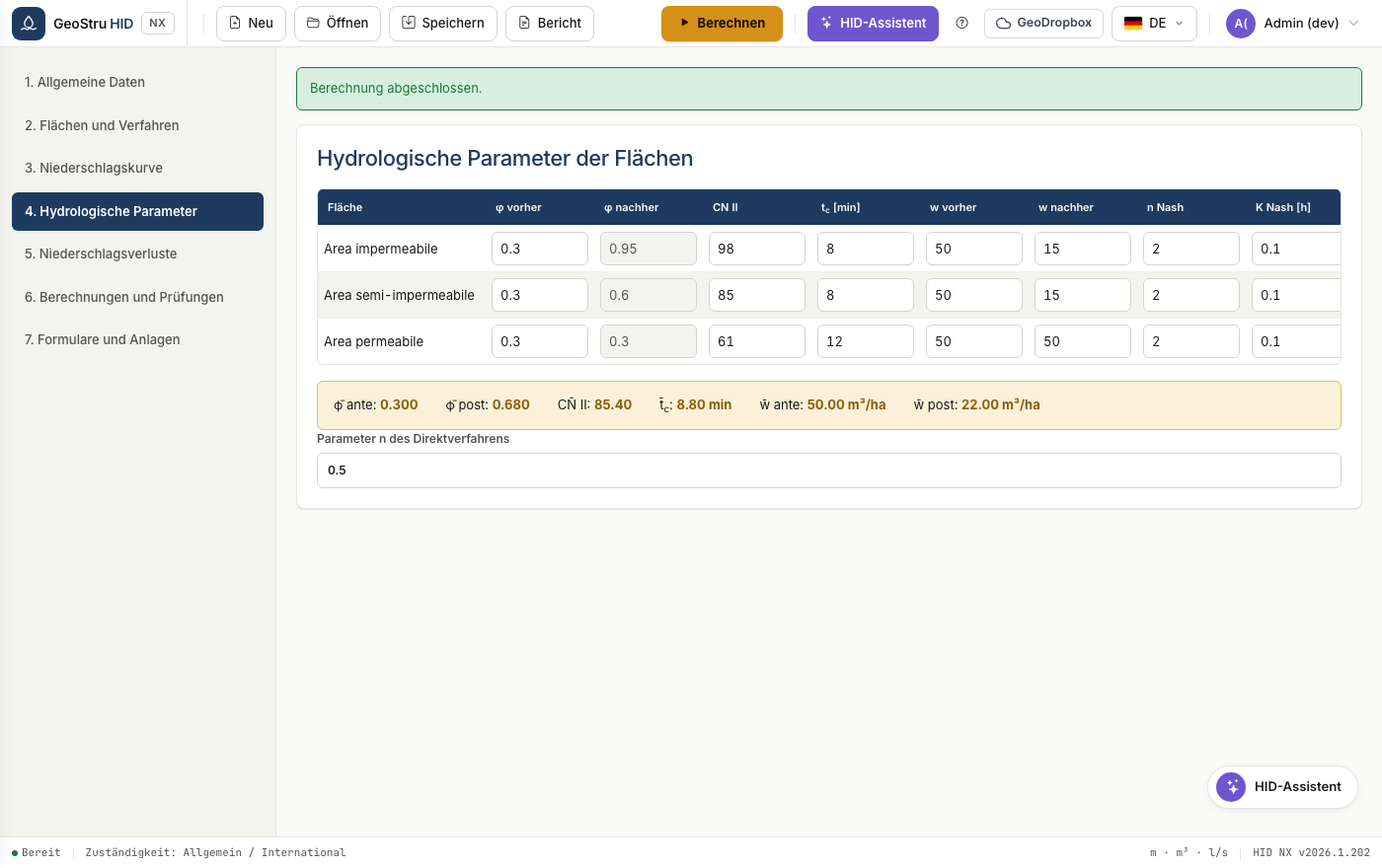 Hydrologische Parameter je Fläche
