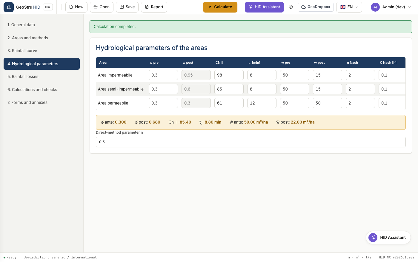 Hydrological parameters per surface