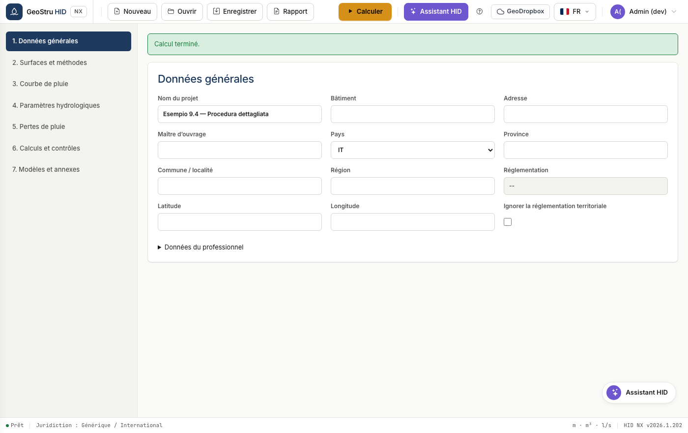 Interface de HID NX, section Données générales