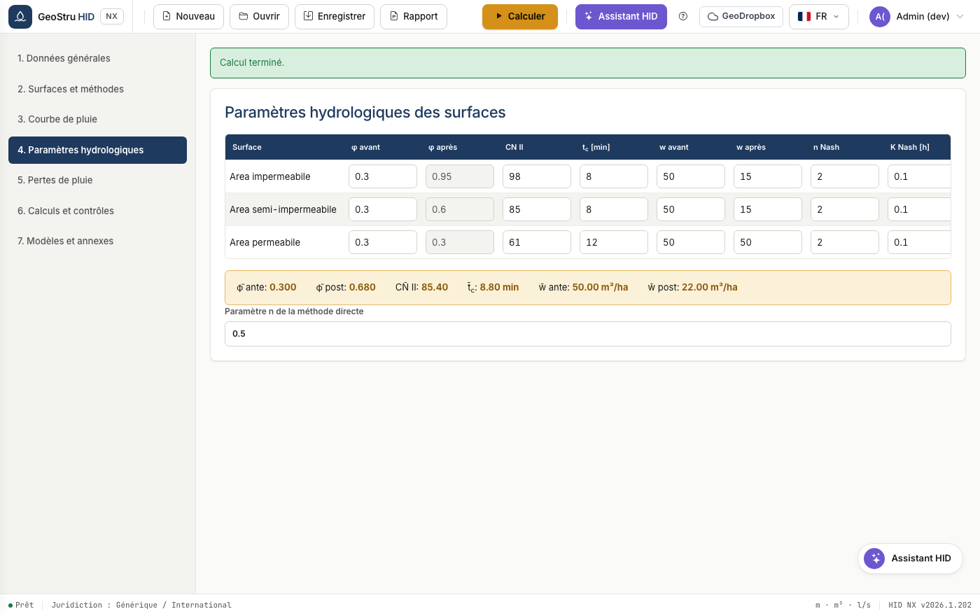 Paramètres hydrologiques par surface