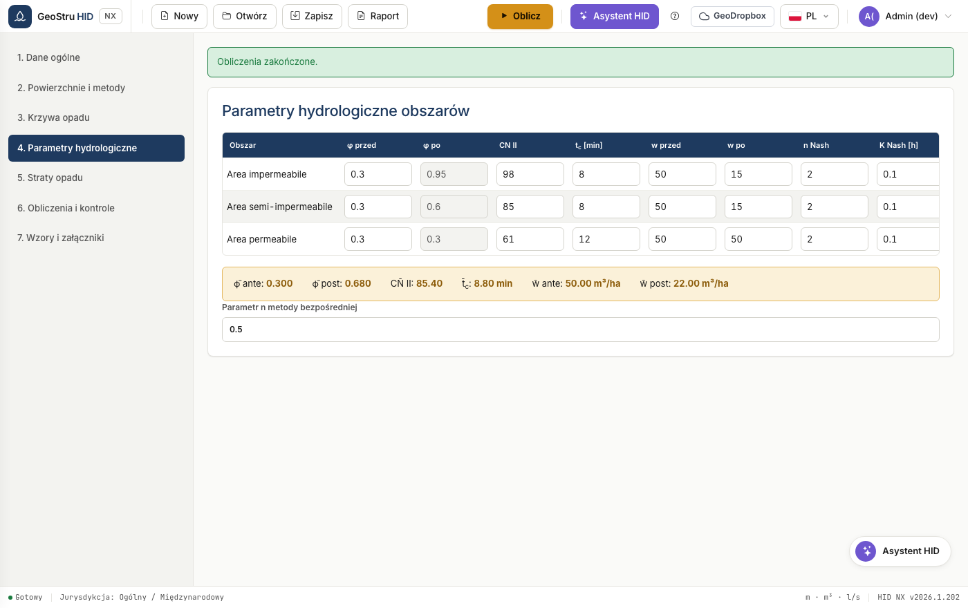 Parametry hydrologiczne dla powierzchni