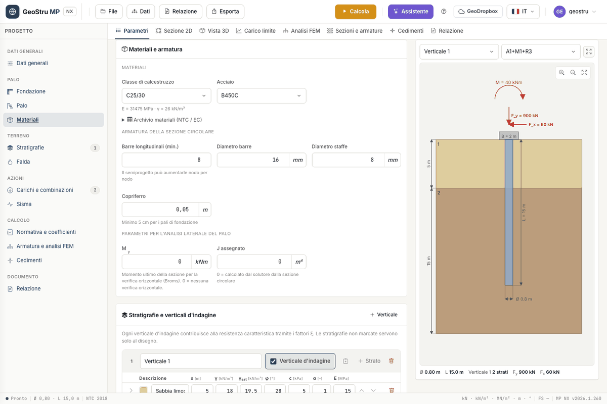 Materials and reinforcement card: concrete class and steel, the materials archive to expand, circular section reinforcement, M_y and assigned J