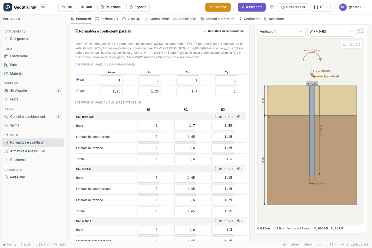 Code and partial factors card: M1/M2 factors on the parameters and R1/R2/R3 sets for bored, driven and screw piles