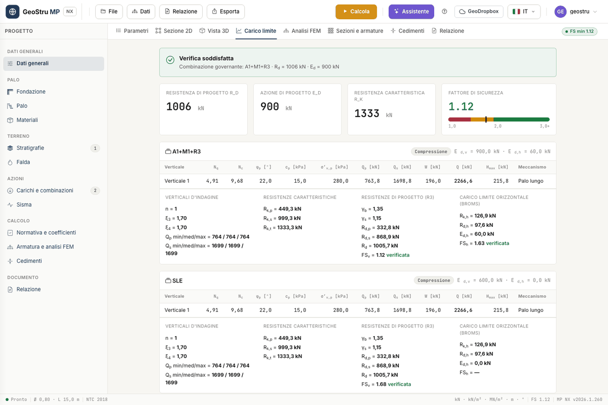 Ultimate load tab: outcome, summary tiles and table of verticals for combination A1+M1+R3
