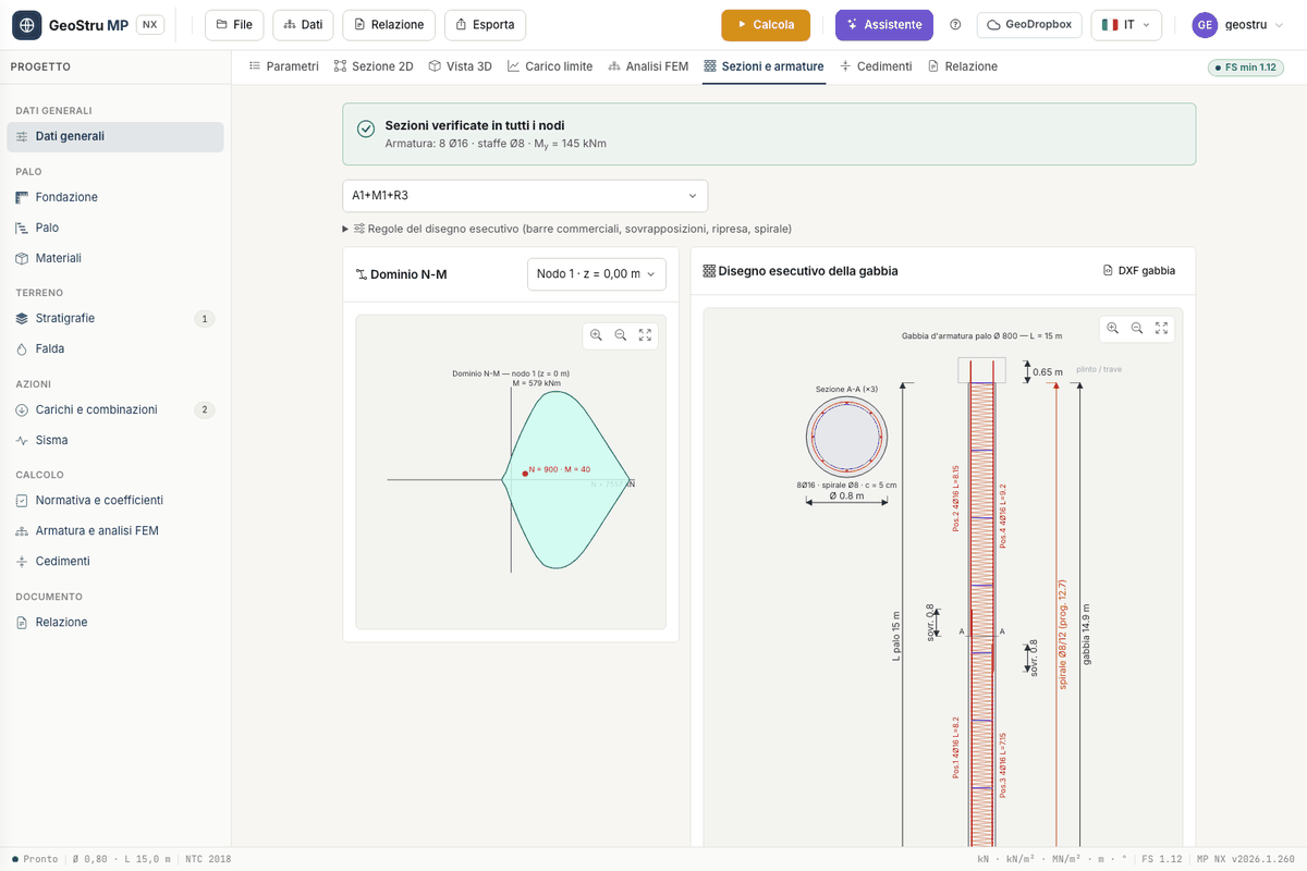 Sections and reinforcement tab: check outcome, N-M domain with the design point and the cage shop drawing