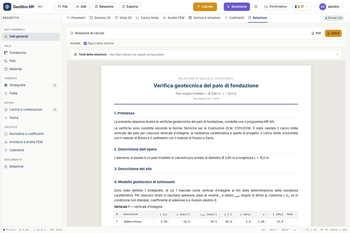 Report tab: bar with the PDF and DOCX buttons, the figure box, the Report texts panel collapsed and the document preview