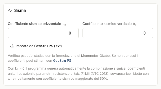 Seismic card with the coefficients and the GeoStru PS import