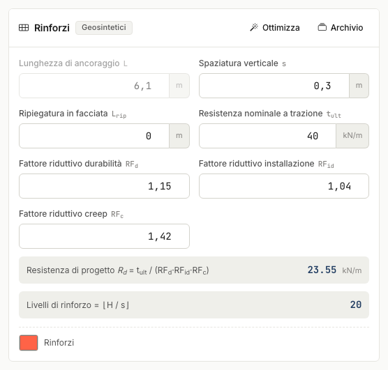 Reinforcements card with spacing, nominal strength and reduction factors