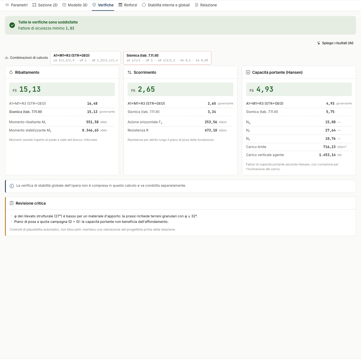 Checks tab with the factors of safety per combination