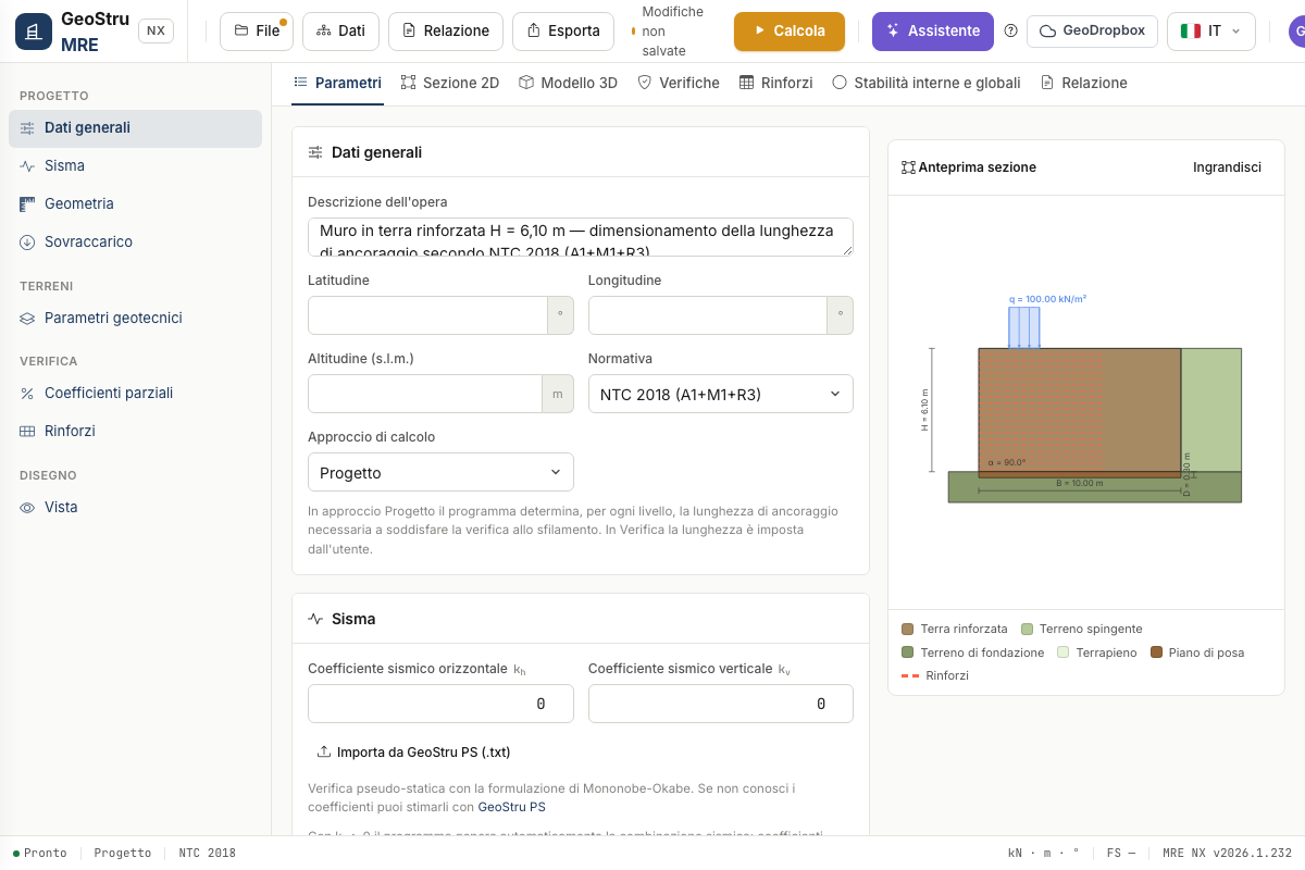 Interfaccia di MRE NX: i parametri a sinistra, l'anteprima della sezione a destra