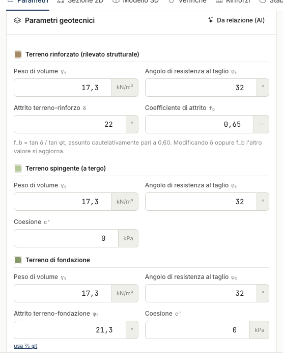 Card Parametri geotecnici con i tre terreni