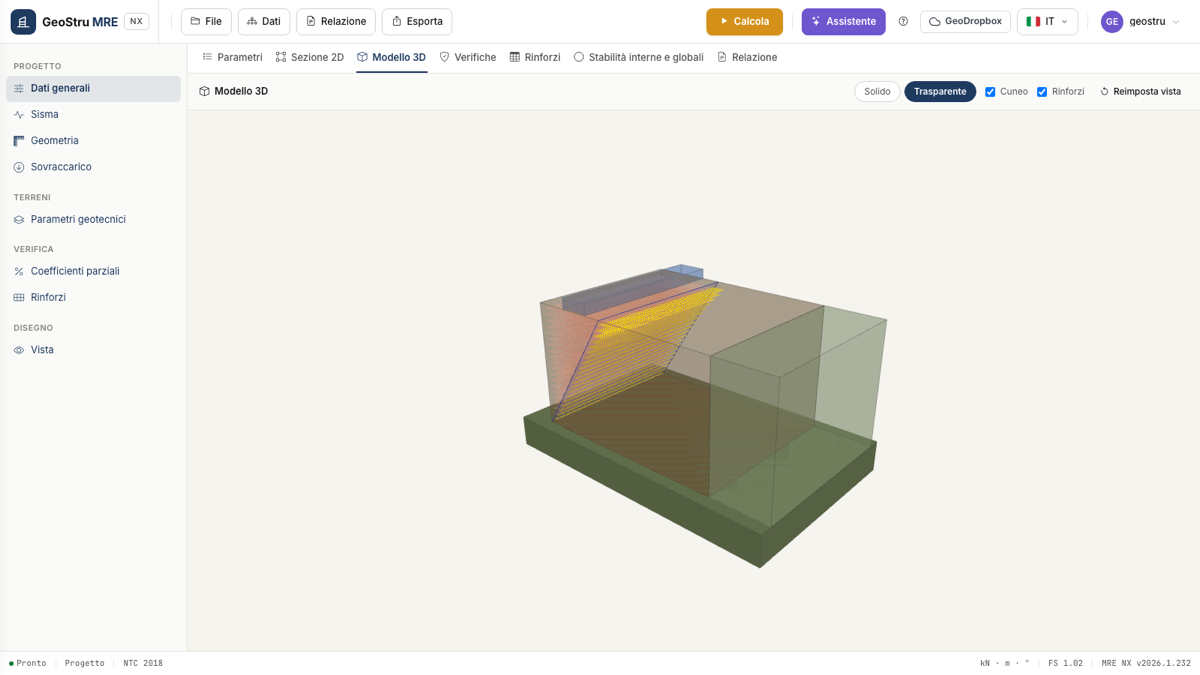Modello 3D in vista trasparente, con fogli di rinforzo e cuneo attivo