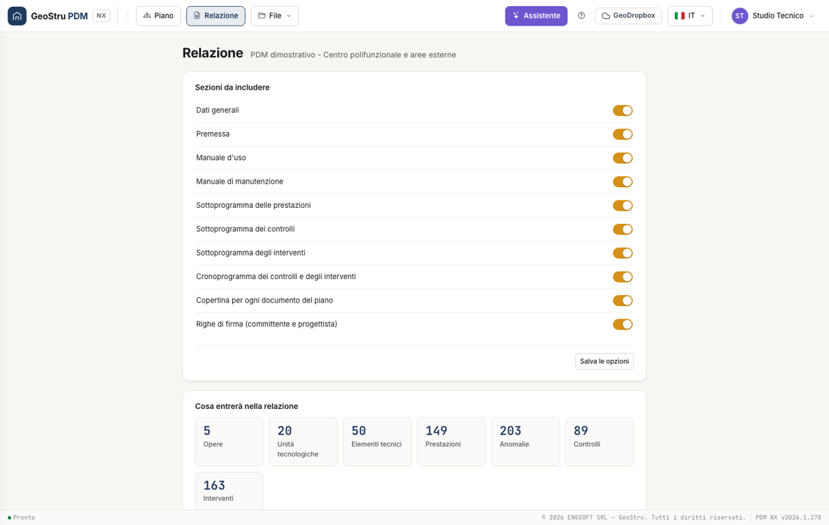 Opzioni della relazione e avvisi di completezza